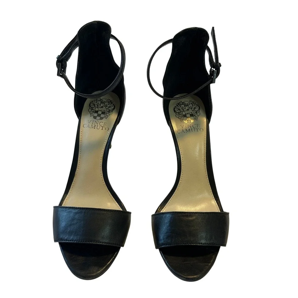 Vince Camuto Black Leather Ankle Strap Stiletto Heels Open Toe Womens 7M 37